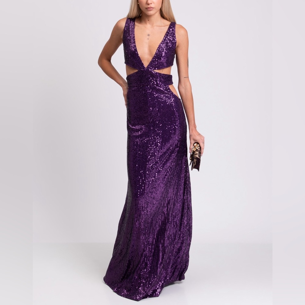 NWT RETROFETE Crissy Maxi Dress Gown  - M - Sequins Purple Cut Out V Neck